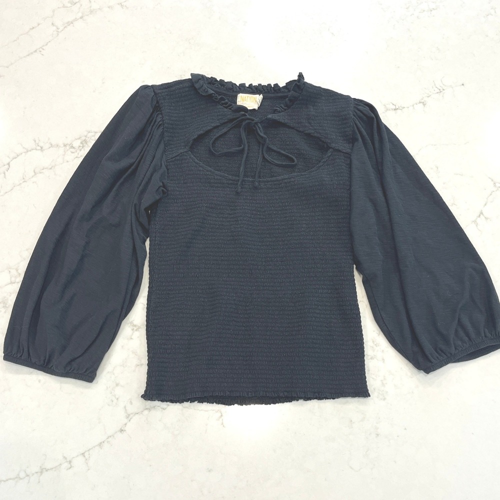 Nation LTD Abrielle Femme Cut-Out Top Womens M Black Smocked Puff 3/4 Sleeve - Picture 2 of 8